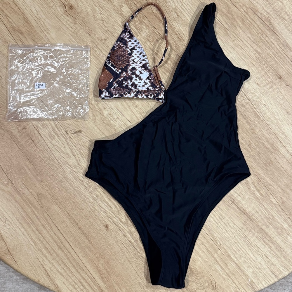 Amazon Black and Brown One Shoulder Swim One Piece